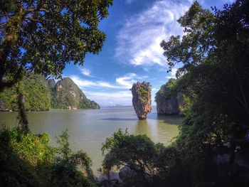 Scenic view of bay against sky