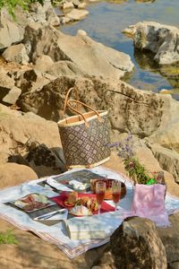 High angle view of rocks on table at beach