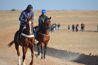 People riding horses on land