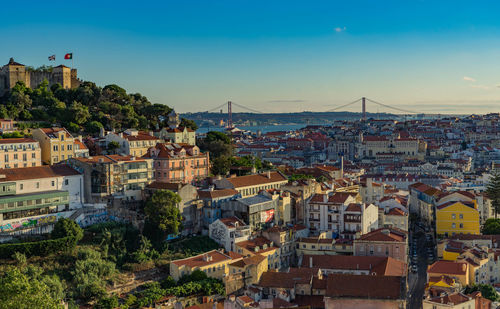 High angle shot of townscape against sky