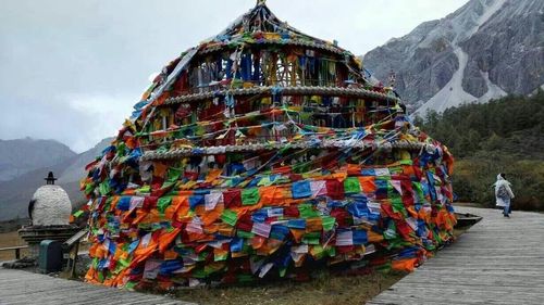 Multi colored traditional temple against sky