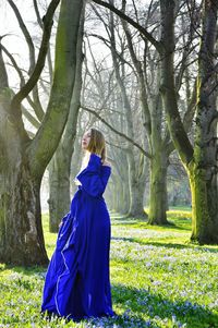 Female model posing in blue evening gown at park