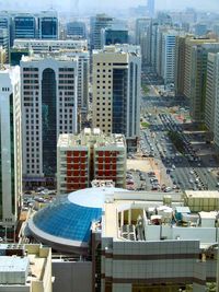 High angle view of modern buildings in city