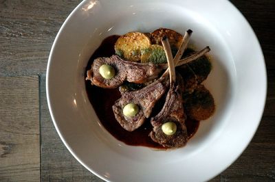 Directly above shot of food in plate on table