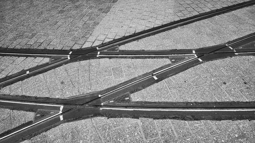 High angle view of tramway tracks on street