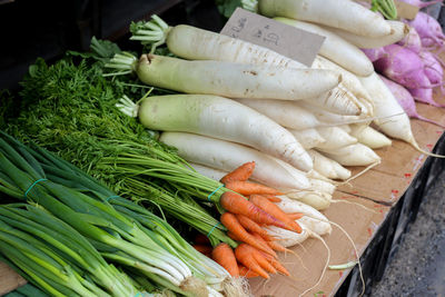 High angle view of vegetables for sale at market stall