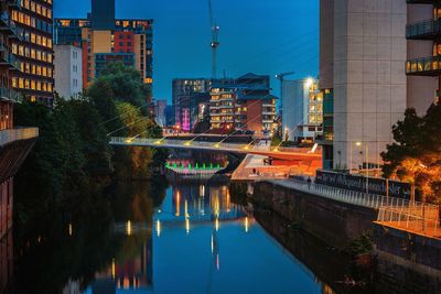 Reflection of buildings in city at night