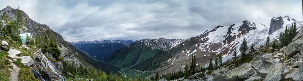 Panoramic view of mountains against cloudy sky