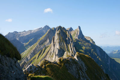 This is the view from schaefler to the saentis, in the beautiful appenzellerland in switzerland.