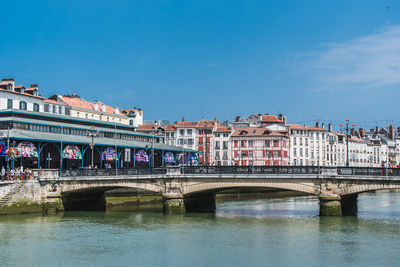 Bridge over river by buildings against blue sky