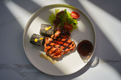 High angle view of dessert in plate on table