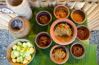 High angle view of various eggs in bowl