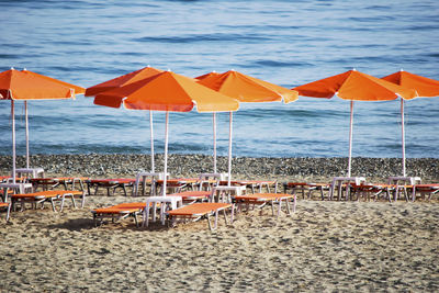 Parasols and lounge chairs on beach 