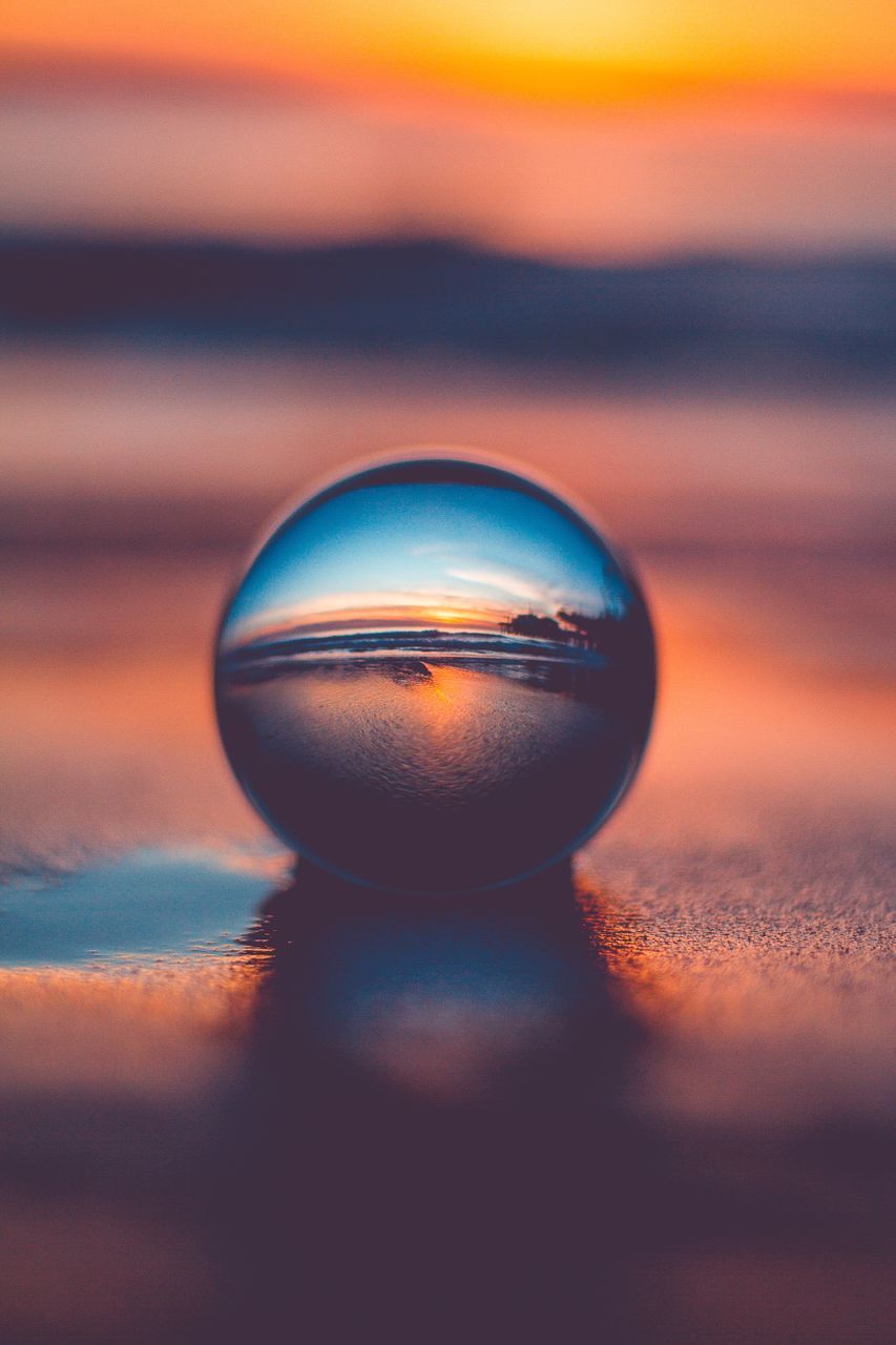 sunset, no people, close-up, orange color, reflection, crystal ball, indoors, nature, beauty in nature, day, sky