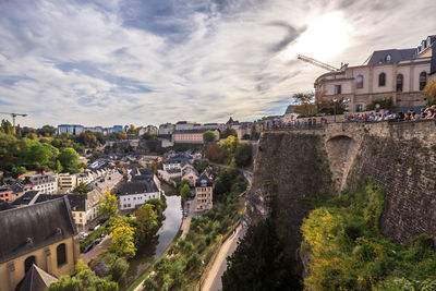 High angle view of buildings in city