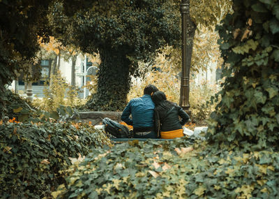 Rear view of couple sitting at park