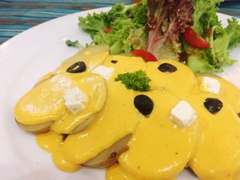 Close-up of yellow salad in plate