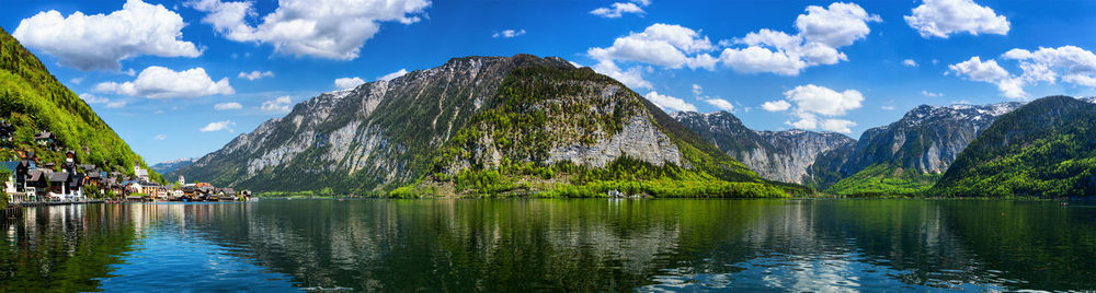 Panoramic view of lake and mountains against sky