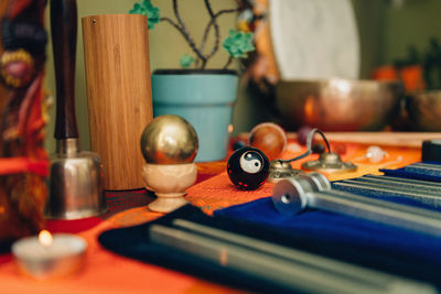 Close-up of multi colored pencils on table