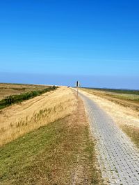 Rear view of man on landscape against clear blue sky