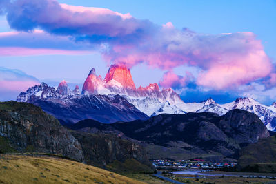 Scenic view of snowcapped mountains against sky