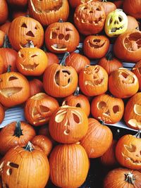 High angle view of halloween pumpkins