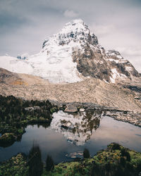 Scenic view of lake by snowcapped mountain against sky