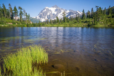 Scenic view of lake with mountains in background