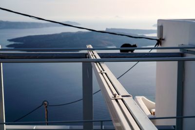Birds perching on railing against sky