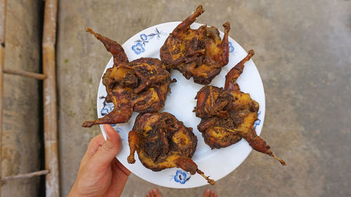 High angle view of hand holding food