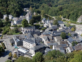 High angle view of townscape and trees in town