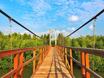 Footbridge along plants and bridge against sky