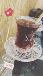 Close-up of drink served on table