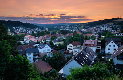 High angle view of townscape against sky during sunset