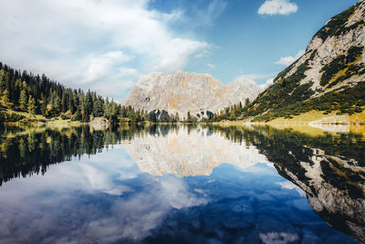 Scenic view of lake and mountains against sky