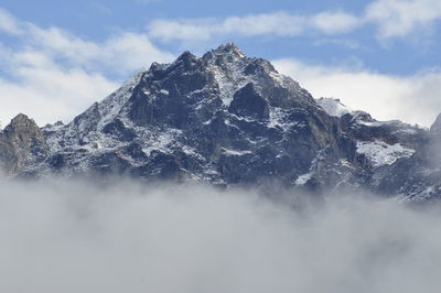 Low angle view of snowcapped mountain against sky