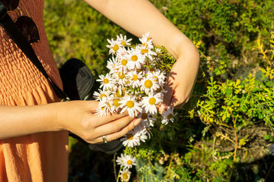 Midsection of woman holding flowers