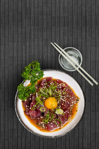 Directly above shot of food in bowl on table