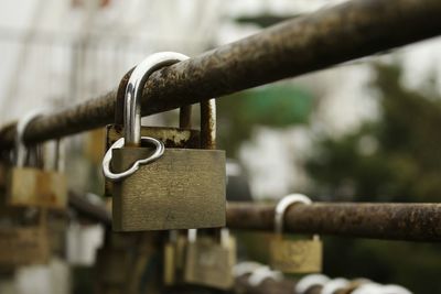 Close-up of padlocks on railing