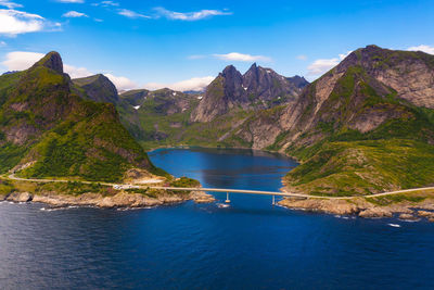 Scenic view of sea and mountains against sky