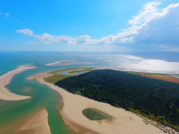 Aerial view of landscape and sea against sky