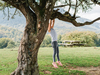 Full body of anonymous boy hanging on tree branch in countryside with wooden table and benches against green forested mountain