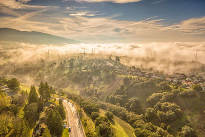 High angle view of trees on landscape against sky