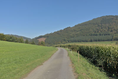 Road amidst field against clear sky