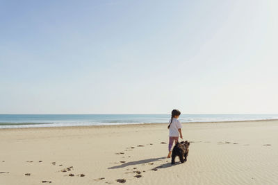 Rear view of little girl walking with dog at beach against clear sky