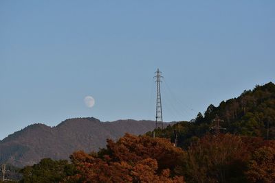 Low angle view of electricity pylon against clear sky