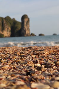 Surface level of stones on beach against sky