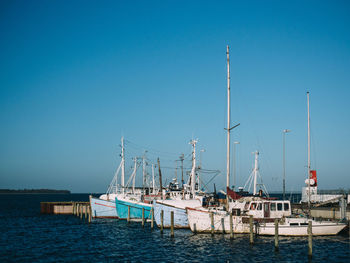 Sailboats moored at harbor against clear blue sky