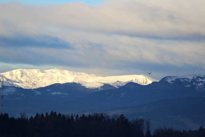 Scenic view of snowcapped mountains against sky