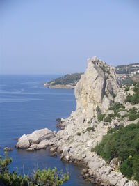 Scenic view of sea against clear blue sky